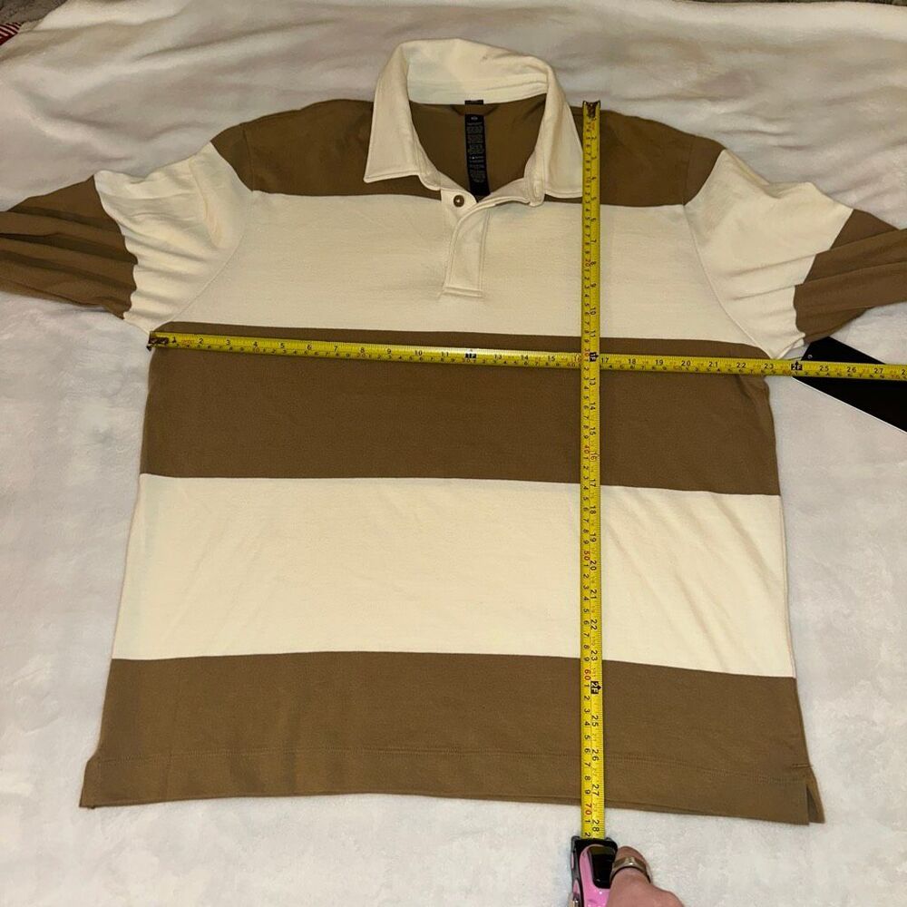 Lululemon Men’s Medium Long Sleeve Cotton Rugby Shirt Tan and Cream Stripes NWT - Picture 6 of 8